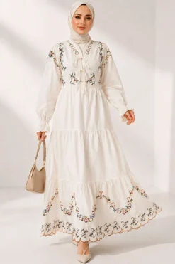 Flower Embroidered Ankle Elastic Dress White