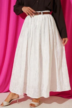 Embroidered Belted Flared Skirt Ecru
