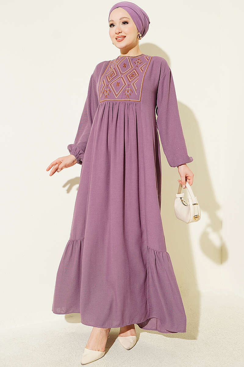 Embroidered Dress with Ankle Elastic Lilac