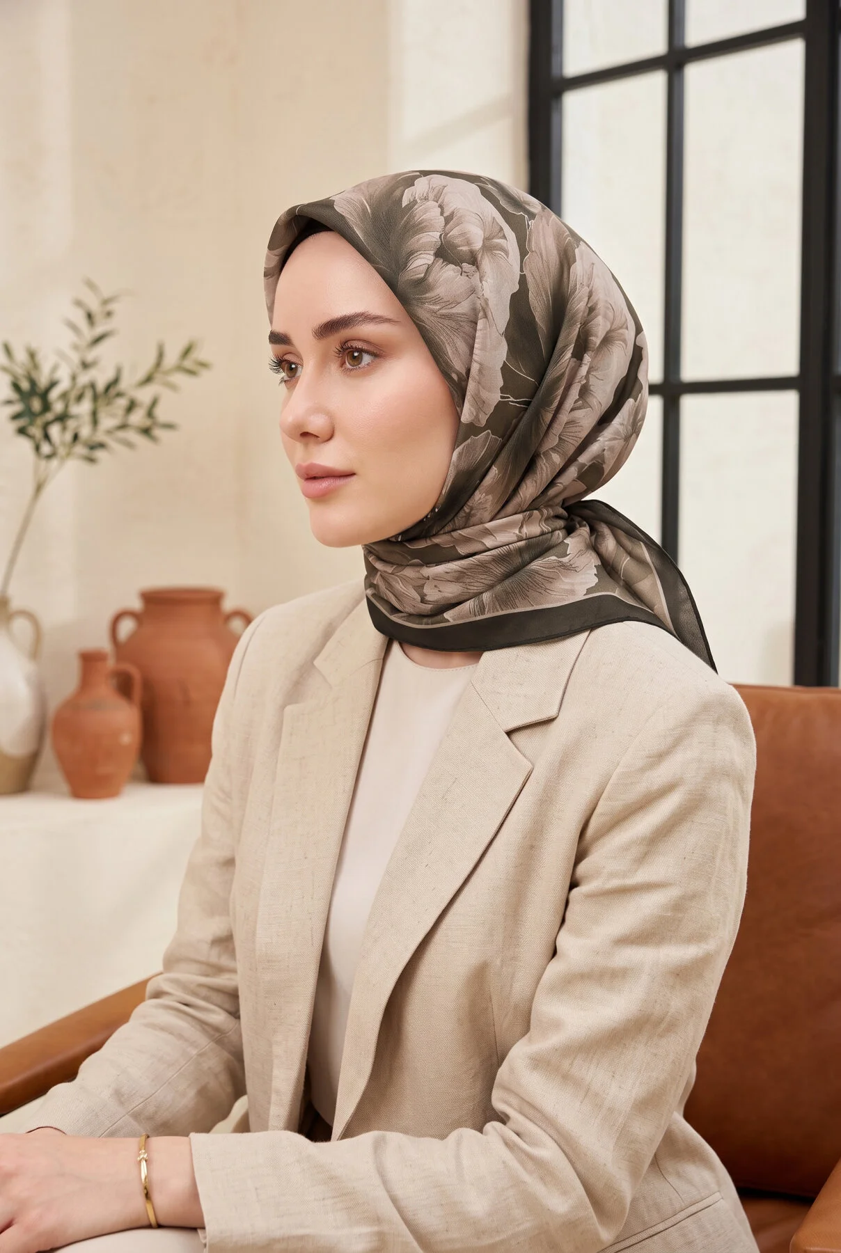 Natural Flower Pattern Scarf Series Brown