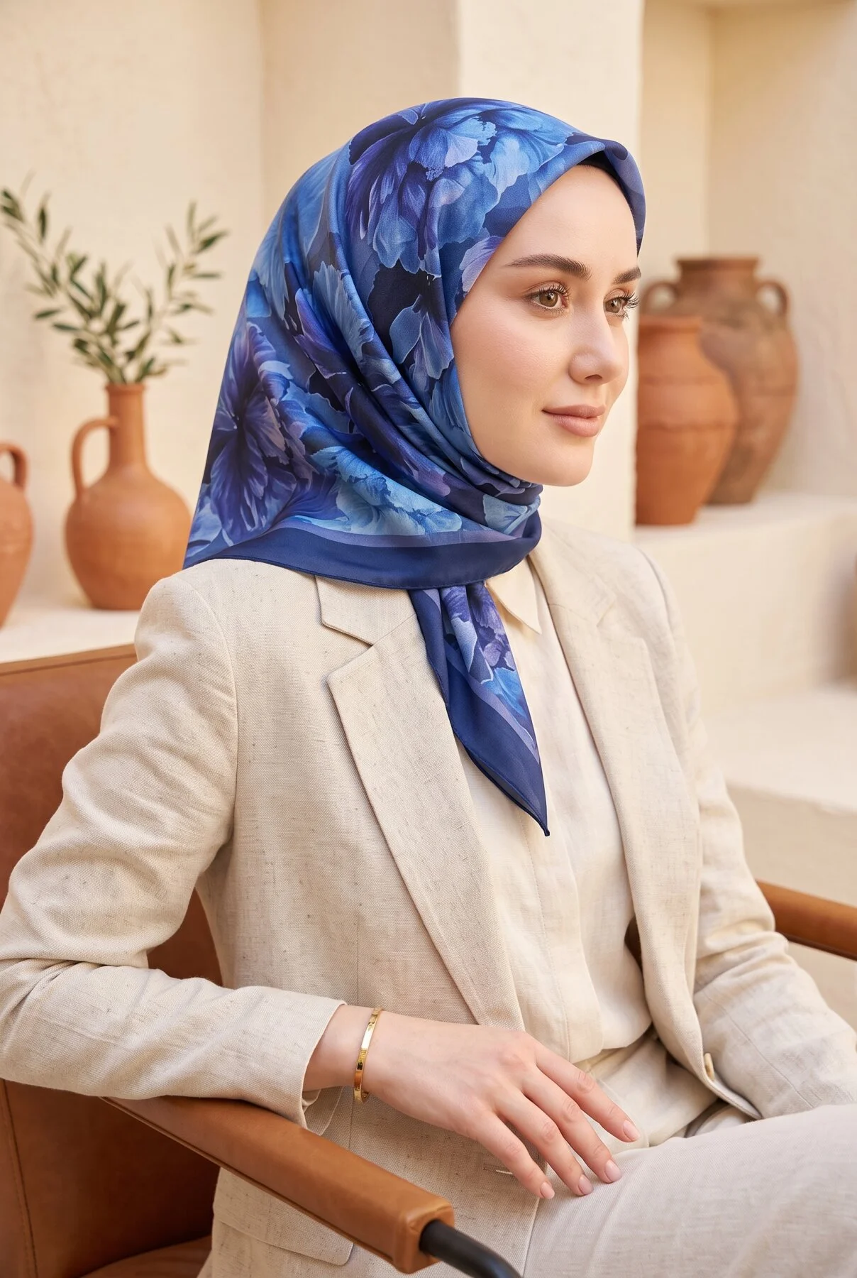 Natural Flower Pattern Scarf Series Navy Blue