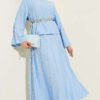 Two-Piece Set with Ribbed Detail Blouse and Hem Edge Baby Blue