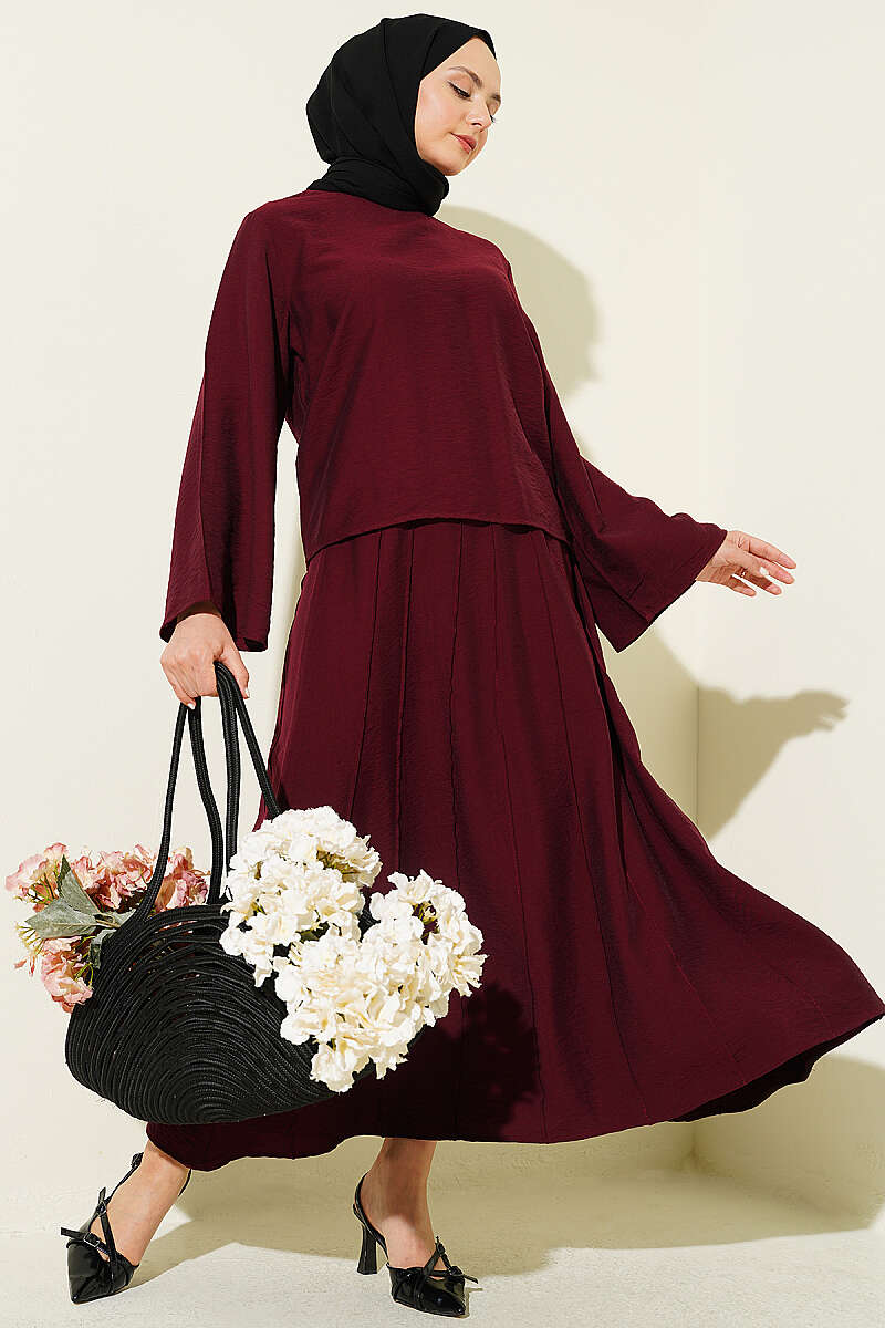 Belted Jacquard Pattern Two-Piece Set Burgundy - Image 5