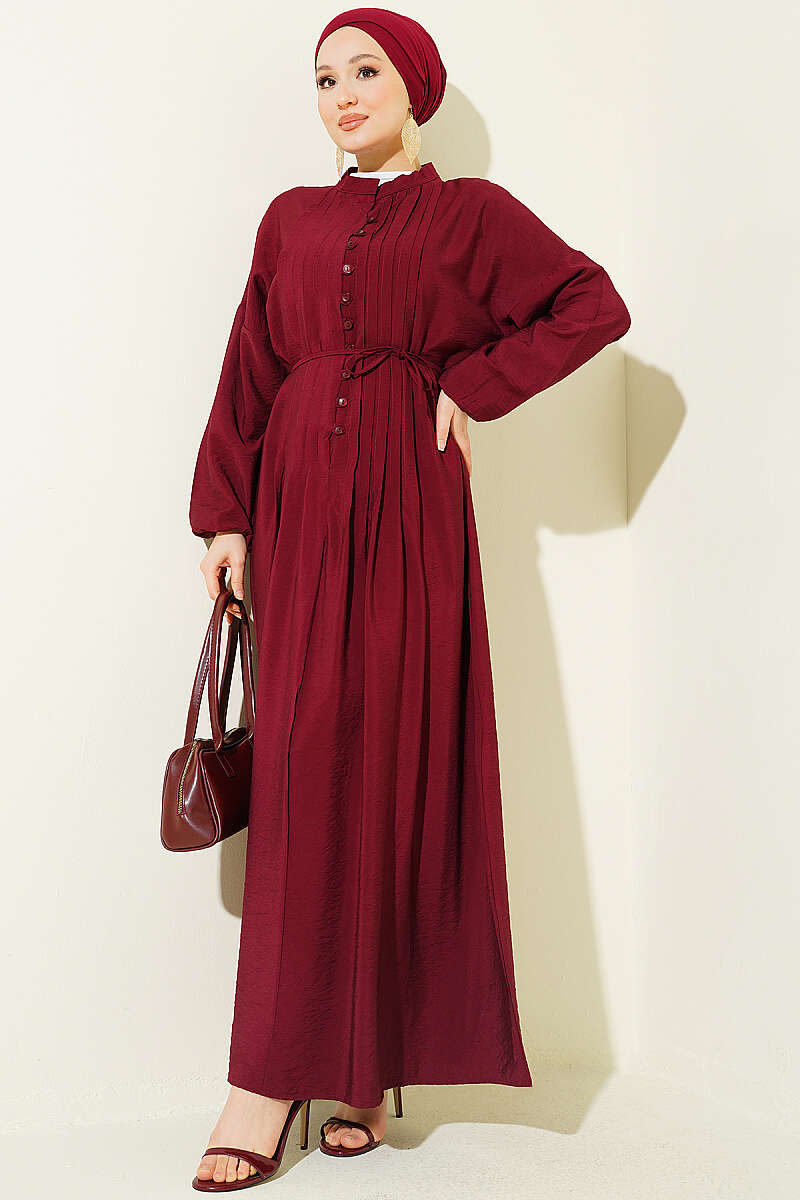Ribbed Half Button Dress Burgundy