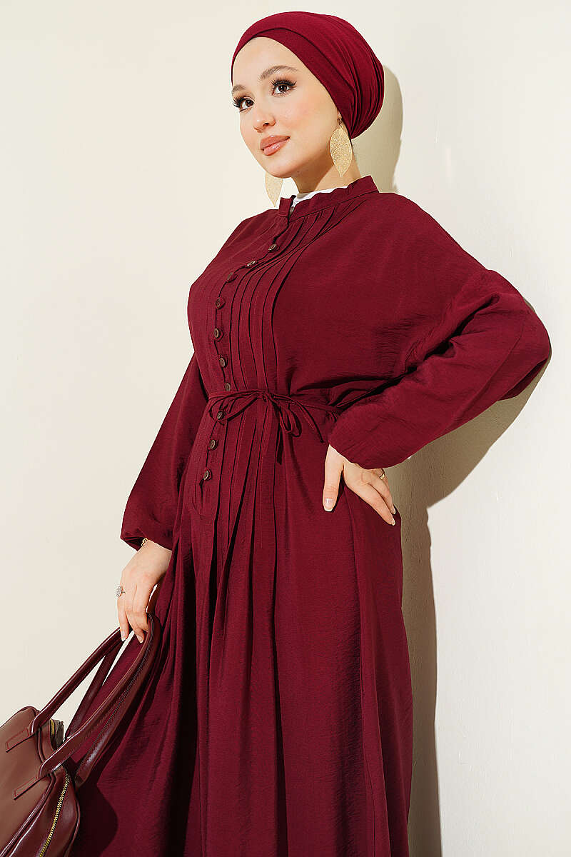 Ribbed Half Button Dress Burgundy - الصورة 2