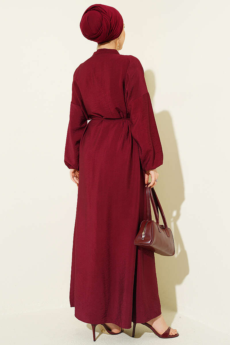Ribbed Half Button Dress Burgundy - الصورة 3