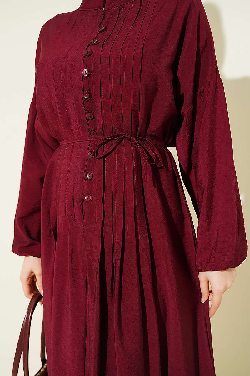 Ribbed Half Button Dress Burgundy - الصورة 4