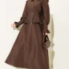 Shoulder Epaulette Waist-Pleated Skirt Set Brown