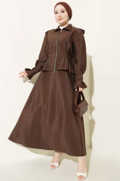 Shoulder Epaulette Waist-Pleated Skirt Set Brown