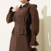 Shoulder Epaulette Waist-Pleated Skirt Set Brown - Image 2