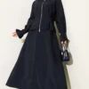 Shoulder Epaulette Waist-Pleated Skirt Set Navy Blue