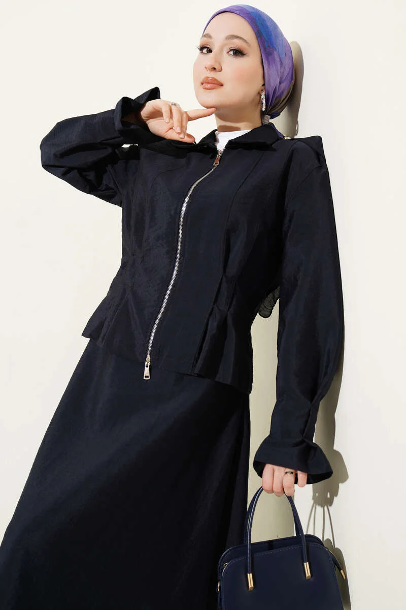 Shoulder Epaulette Waist-Pleated Skirt Set Navy Blue - Afbeelding 2