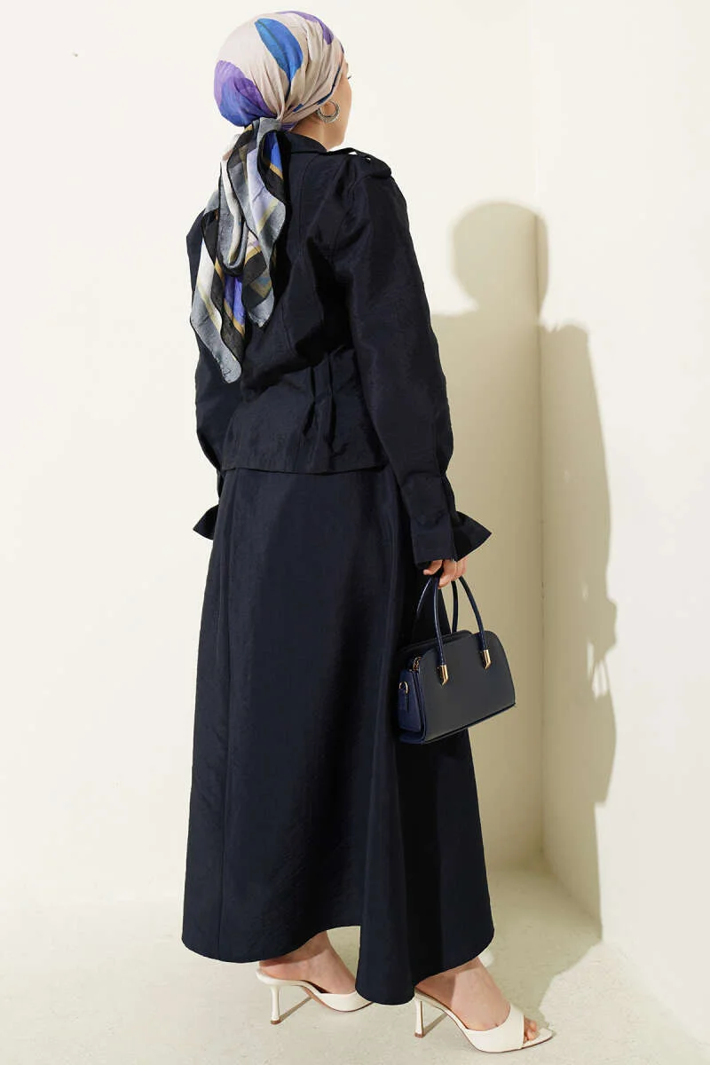 Shoulder Epaulette Waist-Pleated Skirt Set Navy Blue - Afbeelding 3