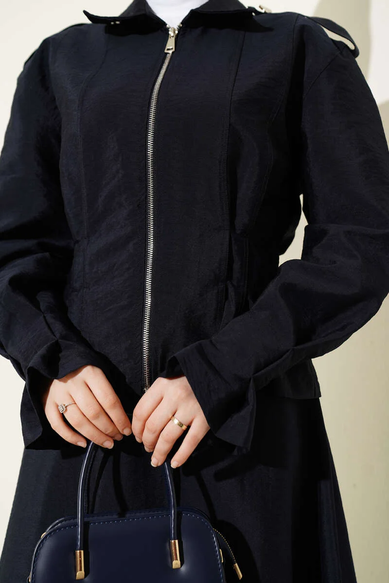 Shoulder Epaulette Waist-Pleated Skirt Set Navy Blue - Afbeelding 4