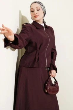 Shoulder Epaulette Waist-Pleated Skirt Set Plum