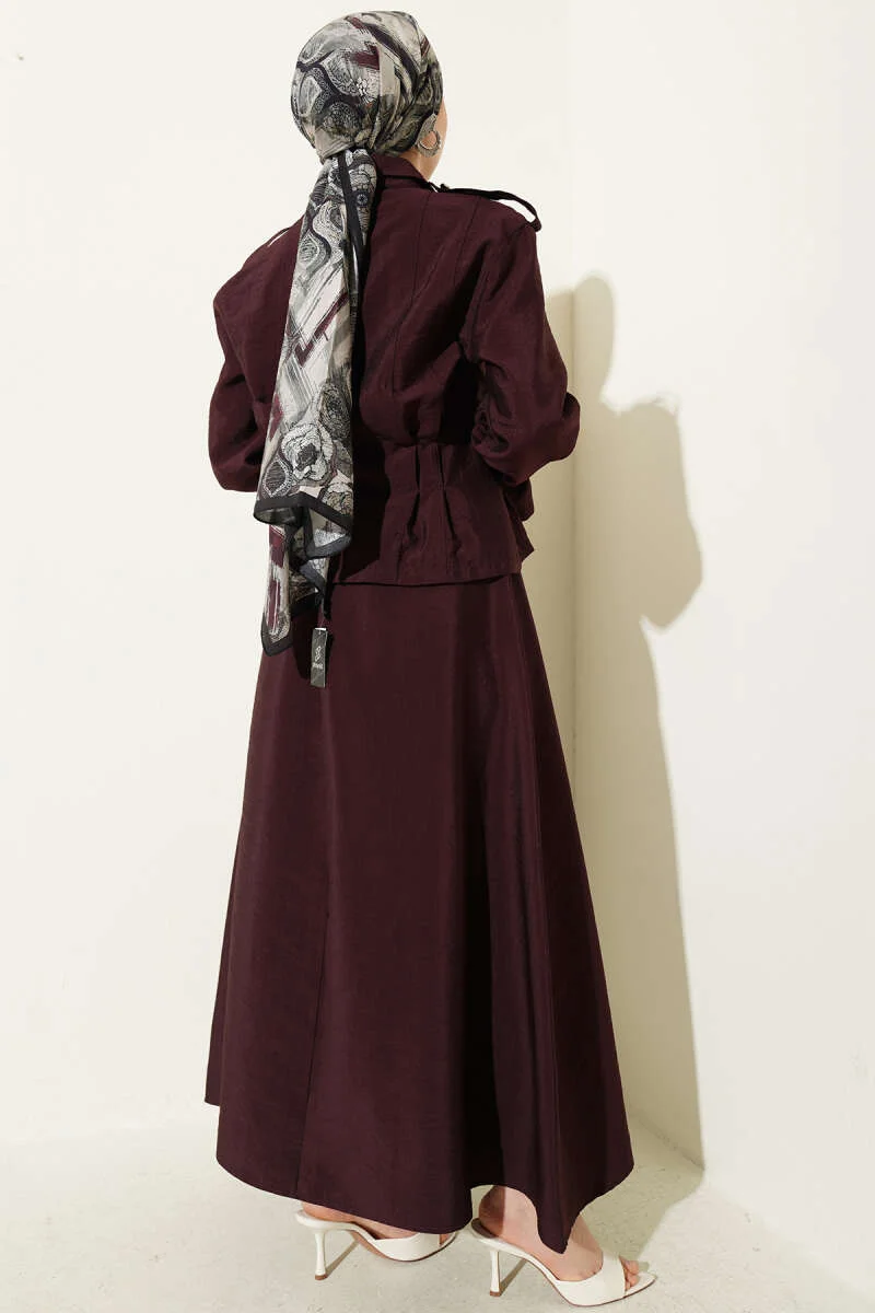 Shoulder Epaulette Waist-Pleated Skirt Set Plum - الصورة 3