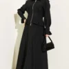 Shoulder Epaulette Waist-Pleated Skirt Set Black