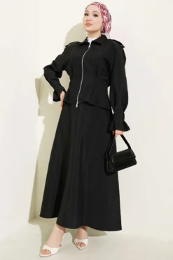 Shoulder Epaulette Waist-Pleated Skirt Set Black