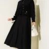 Shoulder Epaulette Waist-Pleated Skirt Set Black - الصورة 6