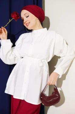 Gathered Shoulder Detail Tie Waist Shirt White