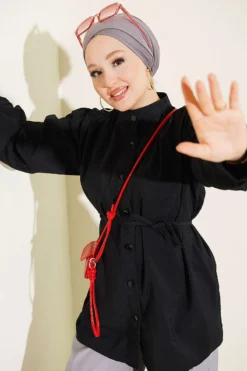 Gathered Shoulder Detail Tie Waist Shirt Black