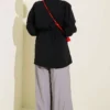 ⁦Gathered Shoulder Detail Tie Waist Shirt Black⁩ - الصورة ⁦3⁩