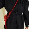 ⁦Gathered Shoulder Detail Tie Waist Shirt Black⁩ - الصورة ⁦4⁩