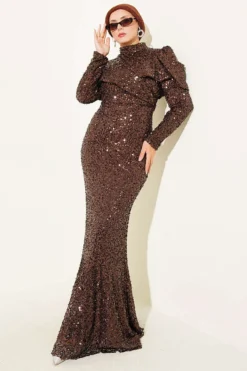 Shoulder Detail Sequin Evening Dress Brown