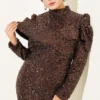 ⁦Shoulder Detail Sequin Evening Dress Brown⁩ - الصورة ⁦2⁩