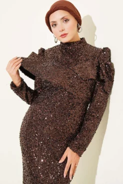 منظر بديل لـ Shoulder Detail Sequin Evening Dress Brown