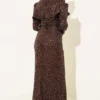⁦Shoulder Detail Sequin Evening Dress Brown⁩ - الصورة ⁦3⁩