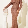 Shoulder Detail Sequin Evening Dress
