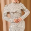 ⁦Shoulder Detail Sequin Evening Dress Beige⁩ - الصورة ⁦2⁩