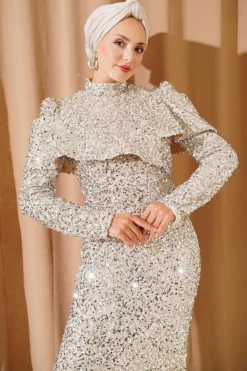 منظر بديل لـ Shoulder Detail Sequin Evening Dress Beige
