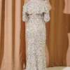 ⁦Shoulder Detail Sequin Evening Dress Beige⁩ - الصورة ⁦3⁩