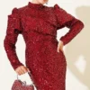 ⁦Shoulder Detail Sequin Evening Dress Burgundy⁩ - الصورة ⁦2⁩