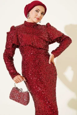 منظر بديل لـ Shoulder Detail Sequin Evening Dress Burgundy