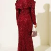 ⁦Shoulder Detail Sequin Evening Dress Burgundy⁩ - الصورة ⁦3⁩