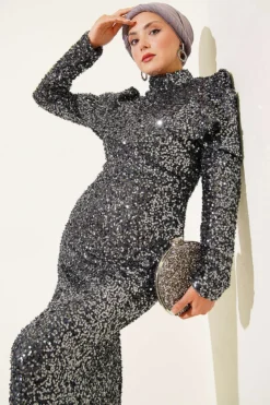 Shoulder Detail Sequin Evening Dress