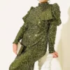Shoulder Detail Sequin Evening Dress Khaki - Image 2
