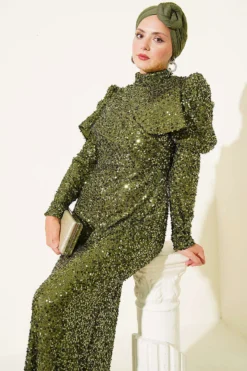 منظر بديل لـ Shoulder Detail Sequin Evening Dress Khaki