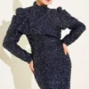 Shoulder Detail Sequin Evening Dress Navy Blue – Bild 2
