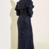 Shoulder Detail Sequin Evening Dress Navy Blue – Bild 3