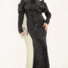 Shoulder Detail Sequin Evening Dress Black