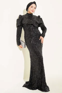 Shoulder Detail Sequin Evening Dress Black