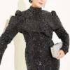 ⁦Shoulder Detail Sequin Evening Dress Black⁩ - الصورة ⁦2⁩