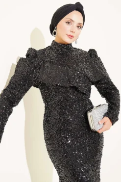 منظر بديل لـ Shoulder Detail Sequin Evening Dress Black