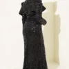 ⁦Shoulder Detail Sequin Evening Dress Black⁩ - الصورة ⁦3⁩