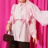 Ruffled Shoulder Tie Waist Shirt Pink