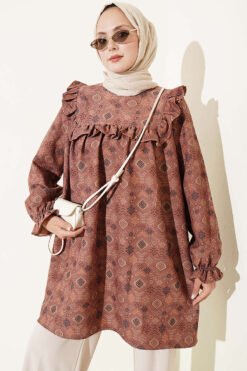 Ruffled Shoulder Patterned Tunic Tan